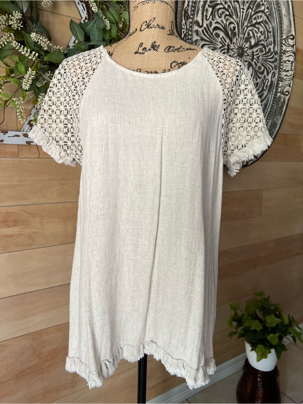 Umgee Cream Crochet Sleeve Casual Blouse